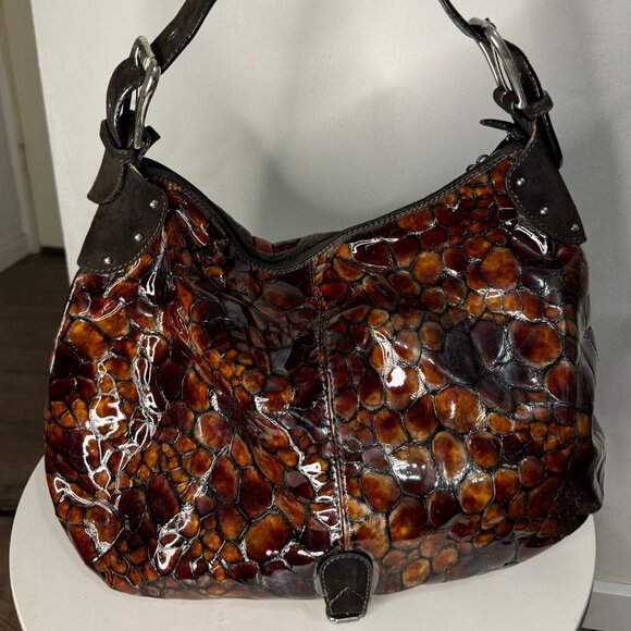 Donald J. Pliner Tortoiseshell Patent Leather Hobo Bag Brown Excellent Condition - Picture 1 of 5